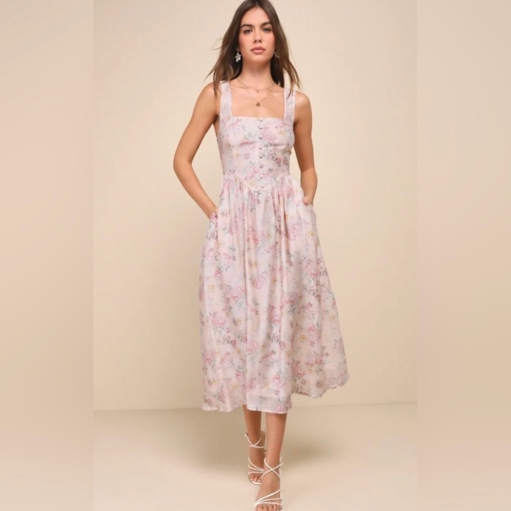 Lulu's Pastel Pink Floral Square-Neck Midi Dress